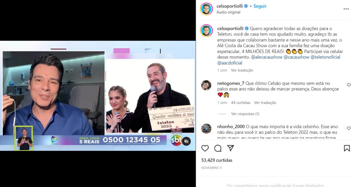 Celso Portioli compartilhou nas redes sociais sua gratidão pelas doações, e também fez questão de agradecer às empresas que também doaram para o programa beneficente (Foto Reprodução/Instagram)
