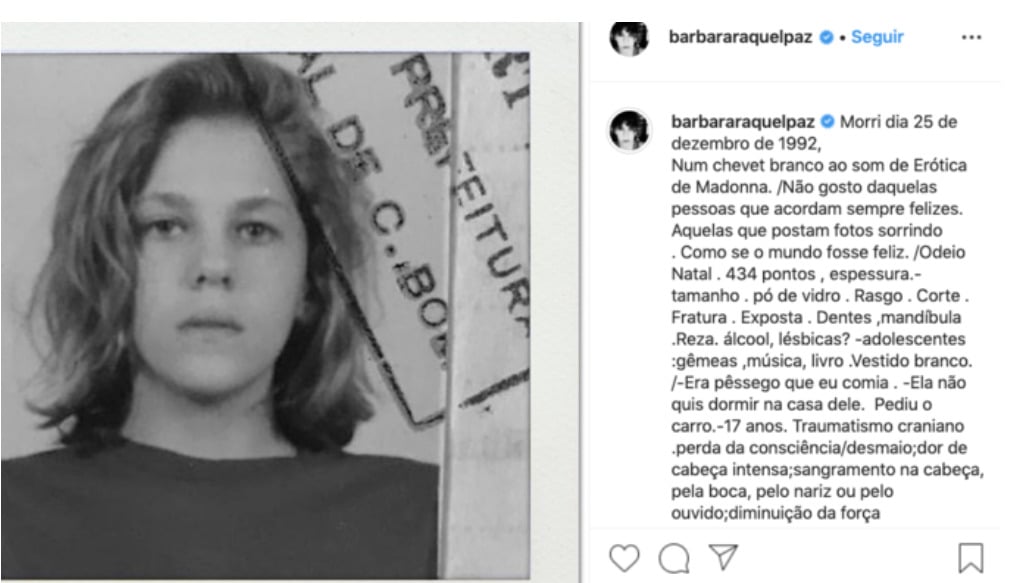 Postagem de Bárbara Paz narrando o que aconteceu com ela nas redes sociais (Foto Reprodução/Instagram)