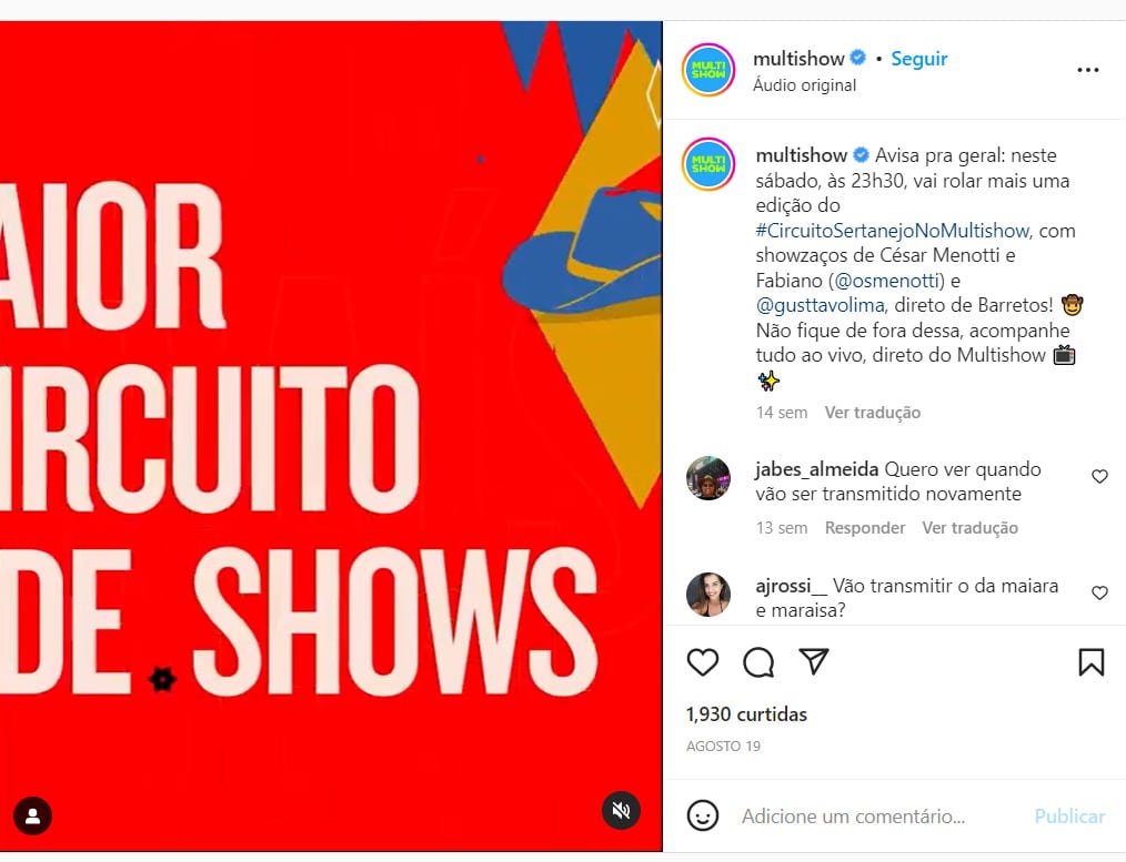 Multishow, que faz parte do Grupo Globo, divulgou especial com Gusttavo Lima e outros artistas pelas suas redes sociais, dando a entender uma certa reaproximação com o cantor, que até então havia sido vetado (Foto Reprodução/Instagram)