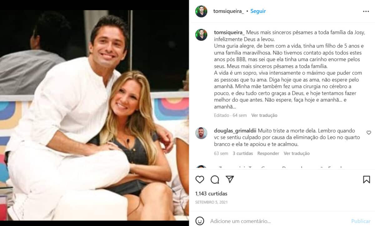 Tom Siqueira fez uma postagem em homenagem a amiga na época, inclusive eles tiveram um "afair" no confinamento (Foto Reprodução/Instagram)
