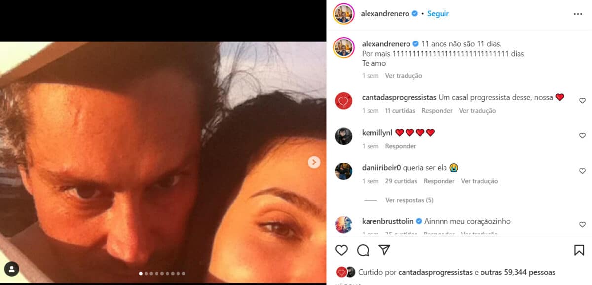 Postagem que Alexandre Nero fez para homenagear seu casamento com Karen Brusttolin (Foto Reprodução/Instagram)