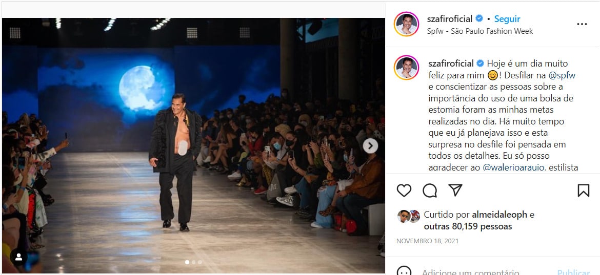 Postagem de Luciano Szafir do registro aonde ele desfila mesmo com a bolsa de colostomia (Foto Reprodução/Instagram)