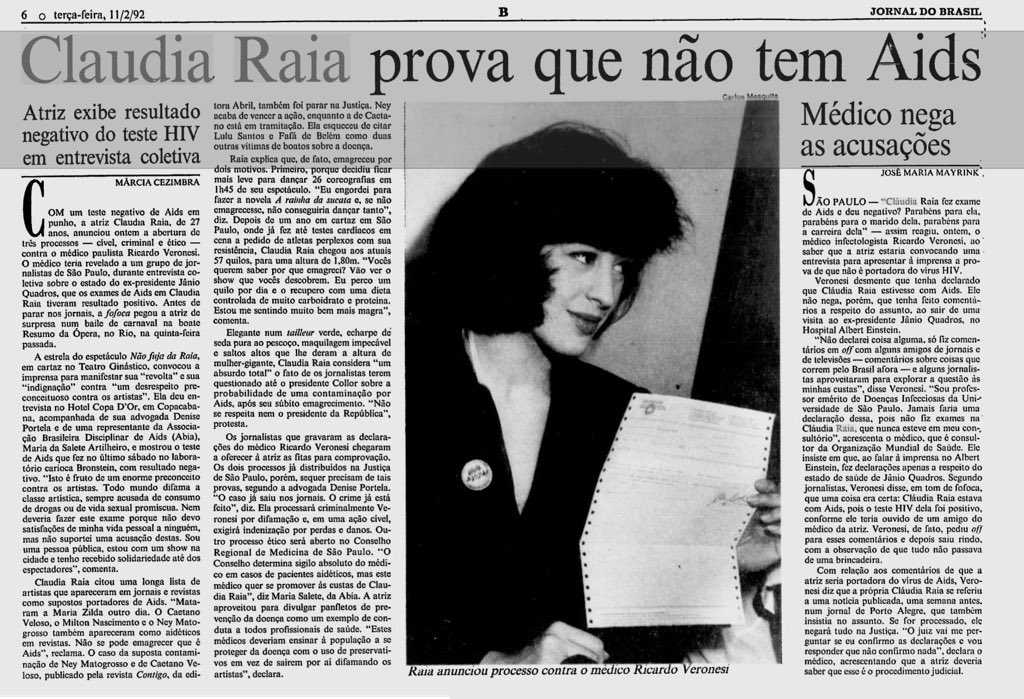 As mídias da época noticiaram o escandaloso caso do médico que divulgou informações falsas sobre a atriz na época (Foto Reprodução/Jornal do Brasil/Blogguer)