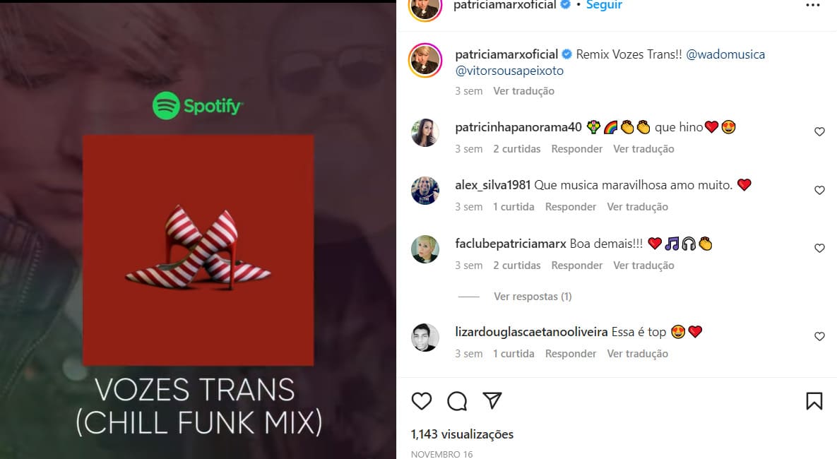 Divulgação do seu novo e revolucionário som "Vozes Trans" por meio de suas redes sociais (Foto Reprodução/Instagram)