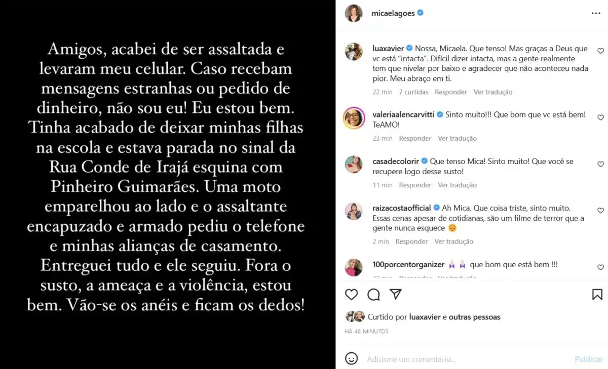 Publicação de Micaela Góes nas redes sociais narrando o ocorrido (Foto Reprodução/Instagram)