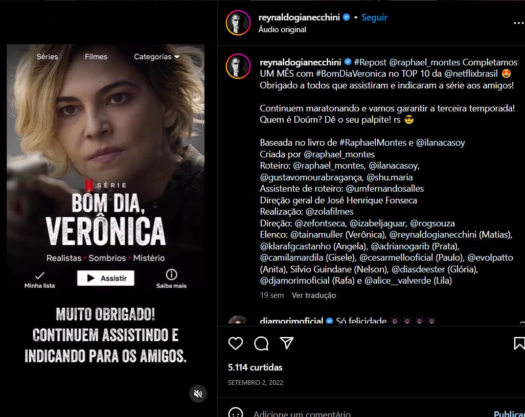 Gianecchini divulgando a série "Bom Dia Verônica" pelas redes sociais (Foto Reprodução/Instagram)