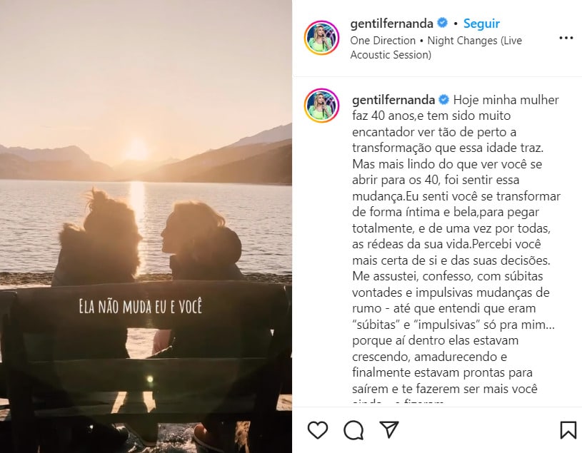 Declaração de Fernanda Gentil para a esposa (Foto Reprodução/Instagram)