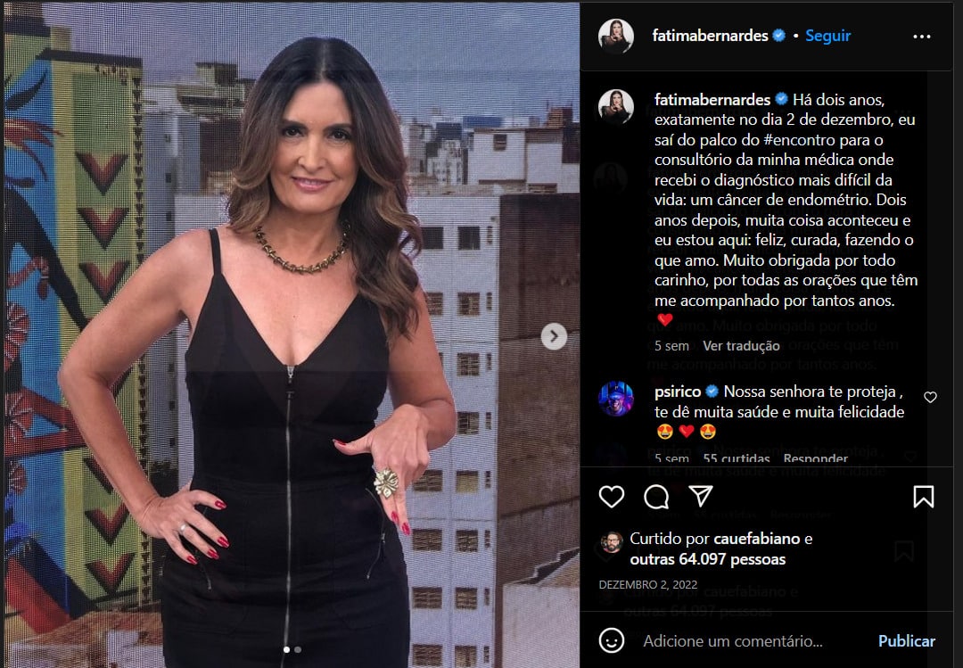 Fátima Bernardes fez um longo desabafo nas redes sociais (Foto Reprodução/Instagram)