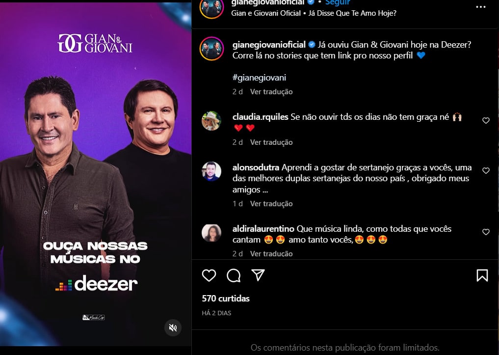 Gian & Giovani continuam na ativa e sempre publicam novidades nas redes sociais (Foto Reprodução/Instagram)