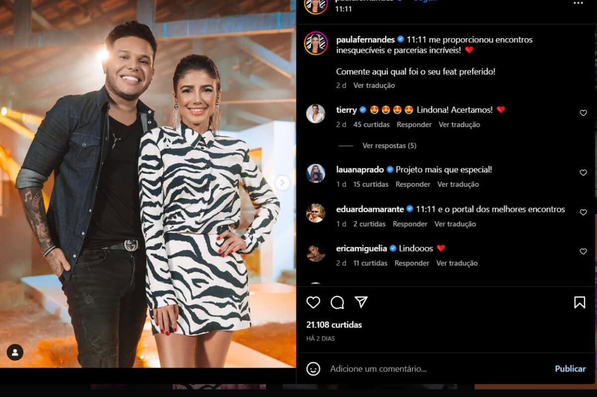 Paula Fernandes publicou nas redes sociais sobre seu sentimento de gratidão após lançamento do álbum 11:11 (Foto Reprodução/Instagram)