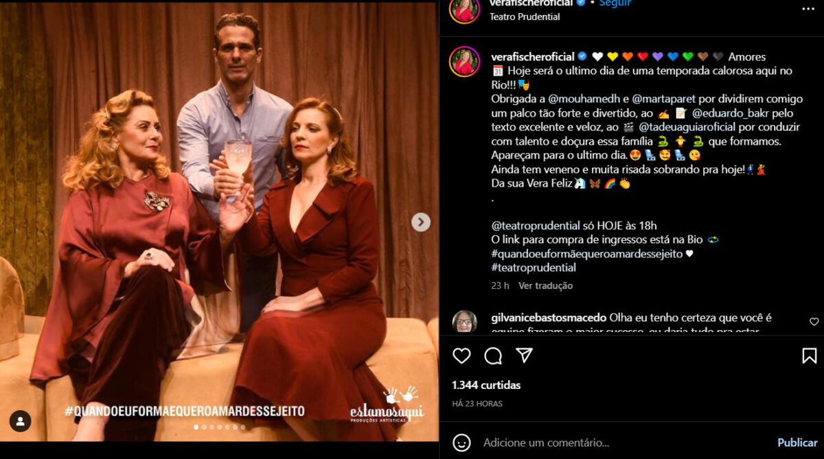 Publicação das redes sociais da atriz agradecendo a todos pela peça que teve seu encerramento de temporada neste último domingo (12) (Foto Reprodução/Instagram)