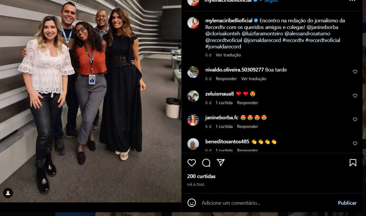 Postagem recente da Mylena Ciribelli com a equipe de jornalismo da Record (Foto Reprodução/Instagram)