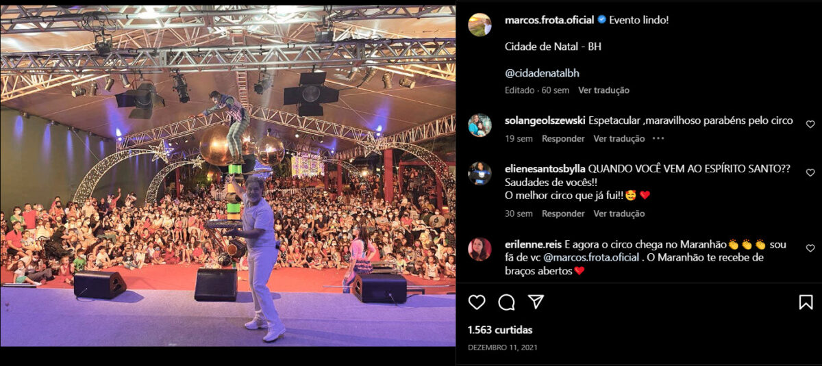 Publicação de Marcos Frota comemorando o sucesso de um evento recente (Foto Reprodução/Instagram)