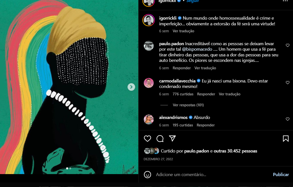 Igor Rickli por meio do seu perfil do Instagram alfinetou as falas homofobicas do bispo (Foto Reprodução/Instagram) 