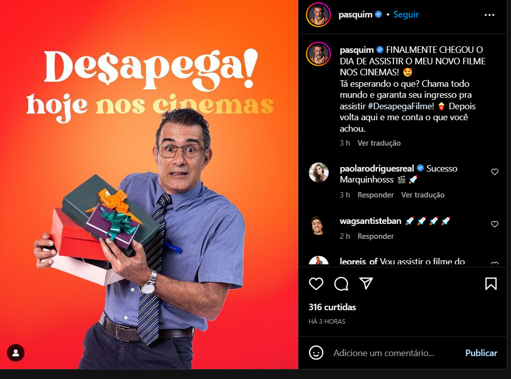 Divulgação do novo filme que Marcos Pasquim elenca feito pelas redes sociais do ator (Foto Reprodução/ Instagram)