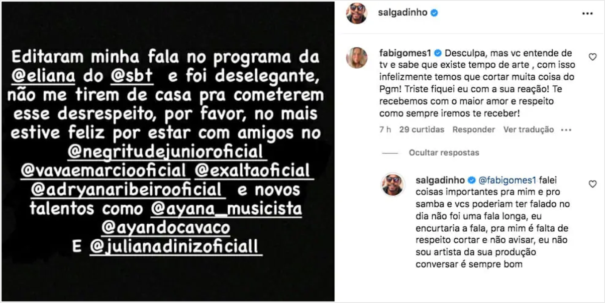 Salgadinho detonou sua participação no "Programa Eliana" nas Redes Sociais (Foto: Reprodução/ Montagem/ Fatos da TV)